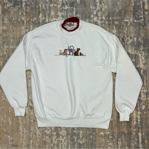 Vintage Top Stitch Embroidered Cat Christmas Sweatshirt Large 1990’s - Picture 1 of 7